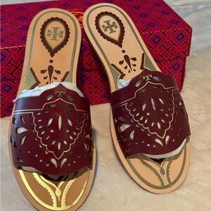 Like New RARE! Tory Burch Annika Flat Slides ~ Tuscan Wine/Gold Size 7